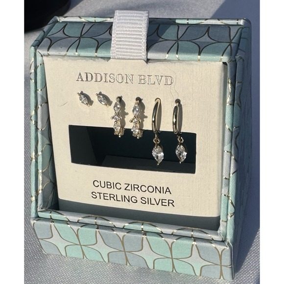 Addison Blvd Sterling Silver CZ 3 Pair Petite Tiny Earrings Small New Boxed - Picture 3 of 7